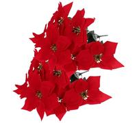 Healeved 2Pcs Lifelike Artificial Poinsettia Bunches with 7 Red Flowers and 21 Leaves, Decorative Faux Poinsettia for Indoor and Outdoor Vase Décor, Garden and Holiday Floral Arrangement