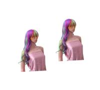 Healeved 2pcs Long Curly Hair Wig Gradient Color Mid Ventilative Comfortable Women Styling Cosplay Halloween Party Rainbow Seven Color Ramp