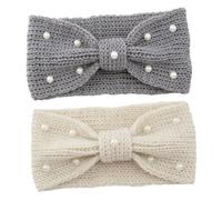 Healeved 2pcs Warm Cable Knit Headbands for Women Soft Stretchy Woolen Ear Warmers with Pearl Bowknot Design Cozy Winter Turban Hair Bands Breathable and Comfortable Cold Weather