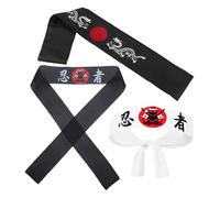 Healeved 3pcs Ninja Headbands Hachimaki Set for Karate and Samurai Costume Black Pattern Japanese Sports Bandana for Martial Arts and Themed Parties
