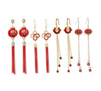 Healeved 4 Pairs Chinese Style Long Drop Tassel Earrings Set for Women and Teens Lightweight Statement Dangle Earrings with Red Lantern and Lucky Knot Designs Festive Oriental Fashion