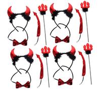 Healeved 4 Sets Halloween Devil Cosplay Costume Accessories Set Devil Tail Headband with Horns Fish Fork Bow Tie for Mens Halloween Party Dress Up and Role Playing