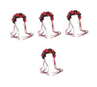 Healeved 4pcs Halloween Rose Flower Headband for Day Dead Cosplay Party Decorative Floral Headdress for Women Reusable Black and Red Costume Accessory