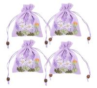 Healeved 4pcs Lavender Linen Drawstring Sachet Bags, Embroidered Chinese Brocade Mini Jewelry Pouches for Wedding Party Favors and Wrapping, 11x14cm Purple Cotton Cross Stitch