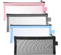 Healeved 4Pcs Nylon Mesh Zipper Pencil Pouches Portable Pen Storage Bags with Receipt Holder for Daily Use, Wear-Resistant Organizer in Black, Gray, Blue, and Pink