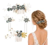 Healeved 4Pcs Wedding Hair Accessories Set Green Flower Bridal Side Hair Comb Rhinestone Pearl Pins Headpiece for Brides Bridesmaids Mother of the Bride Guest Prom Party