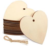 Healeved 50Pcs Wooden Heart Tokens Rustic Unfinished Smooth Surface Khaki Heart Shaped Wood Paint with Ropes for Wedding Pendants and Home Ornaments
