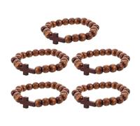 Healeved 5pcs Brown Wooden Catholic Cross Bracelets for Men and Women, Devotional Accessory with Smooth Fit, Rustic Style Beaded Wristbands Suitable for Christmas and Anniversaries