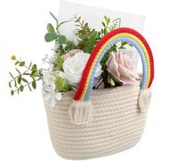 Healeved Adorable Woven Cotton Beach Bag Rainbow Cloud Pattern, Portable Handheld Summer Tote for Women, Lightweight Straw-Style Holiday Bag for Seaside and Travel