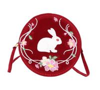 Healeved Antique Embroidered Round Shape Pouch Crossbody Bag for Women Corduroy Han Costume Style with Rabbit and Flower Design Breathable Comfortable Lightweight Handbag