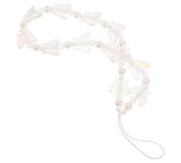 Healeved Butterfly and Strap Beaded Pearl Charm Phone with Faux Chain Elegant White Stylish Plastic Resin Decoration Versatile Design for Mobile Handbag