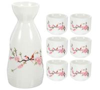 Healeved Ceramic Sake Set with Flagon 250ml and 6 Japanese Sake Cups 30ml Each, White Porcelain Wine Cups for Entertaining Family or Guests at Home, Classic and Practical Design
