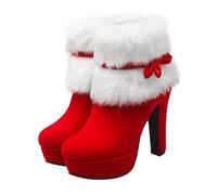 Healeved Christmas Winter Ankle Boots Women Plush Bow Embellished Thick Heel Short Zippered Non-slip Rubber Sole Footwear for Cold Days
