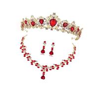 Healeved Crown Necklace Earring Set for Bride, Red Rhinestone Jewelry Wedding Dress Accessories, Elegant Women’s Party Costume Jewelry Three-Piece Set