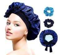Healeved Double Layer Satin Bonnet with Adjustable Tie Band, Silky Stain Hair Wrap Sleep Cap for Women, Curly Long Braid Overnight Hat + 2 Scrunchies