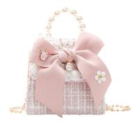 Healeved Girls' Mini Handbag with Pearl Handle and Bow Shoulder Bag, Pink | Small Pearl Detail Crossbody Crossbody Purse with Gold-Tone Chain for Parties, Weddings, Birthdays and Dress-Up