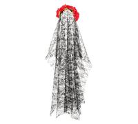 Healeved Halloween Rose Headband with Red Cloth Double Layer Veil and Fake Flowers for Women, for Theme Party and Costume Headwear, Day the Dead Flower Veil Hair Hoop Accessory