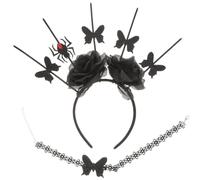 Healeved Halloween Spider Headband for Women with Black Cloth Rose and Wing Motif, Gothic Choker Necklace Set Creating a Mysterious Atmosphere for Birthday and Halloween Parties