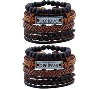 Healeved Men’s Leather Bracelets 2 Sets Vintage Punk Cowhide Wristbands Braided Leather Punk Accessories for Casual and Everyday Wear