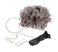 Healeved Old Lady Wig Set Glasses and Necklace Grey Curly Costume Prop for Women and Boys and Girls for Halloween 100 Days of School and Stage Performances