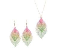 Healeved Retro Leaf Shaped Necklace Earrings for Women Stylish Hollowed Metal Design Colorful Pink Green Jewelry for Birthdays Weddings Banquets Distinctive Chic Accessory