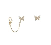 Healeved S925 Silver Rhinestone Butterfly Ear Cuff Earrings Asymmetric Clip-on Ear Decor Stylish Non-pierced Jewelry for Women