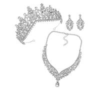 Healeved Silver Rhinestone Bridal Jewelry Set with Crown Necklace and Drop Earrings Durable Wedding Tiara for Bride Prom Evening Party Photo Shoot Accessory