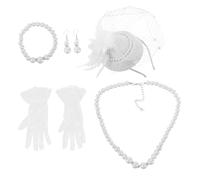 Healeved Vintage Fascinators Tea Party Hat with Lace Gloves Pearl Necklace Earrings Bracelet for Women Elegant Veil Headwear for Wedding Church Cocktail Events