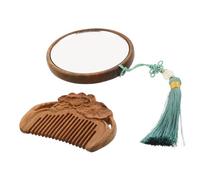 Healeved Vintage Wooden Hand Mirror and Comb Set with Hand-carved Tassel Pendant Clarity Pocket Mirror for Travel Home Office School Grooming and Makeup Touch-ups