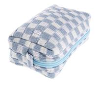Healeved Woolen Yarn Large Capacity Checkered Makeup Storage Container Travel Toiletry Bag Portable Cosmetic Pouch for Women Blue and White Plaid