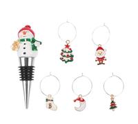 Healifty 1 Set Reusable Wine Bottle Stoppers with Cup Rings, Christmas Themed Metal Wine Stopper Kit, Includes 5 Glass Markers for Festive Gatherings, Resin and Metal