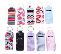 Healifty 10 Pack Neoprene Lip Balm Holder Keychain Clip-on Holder Keyring for Women Travel Lip Gloss Keyring with Printed Pattern for Backpack Gym Bag Stroller