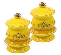 Healifty 2pcs Ceramic Offering Cups for Buddhist Water Offering Rituals, Yellow Porcelain Round Water Containers, Elegant Decorative Buddha Supplies for Temple Ceremonies