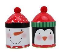 Healifty 2pcs Christmas Cookie Tins Metal Decorative Penguin Snowman Design with Cute Red Top Pom Lid Candy Storage Boxes Empty Tinplate for Party Favor Goody Treat Biscuits Holiday Treat