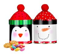 Healifty 2pcs Christmas Cookie Tins Metal Decorative Penguin Snowman Design with Cute Red Top Pom Lid Candy Storage Boxes Empty Tinplate for Party Favor Goody Treat Biscuits Holiday Treat