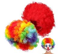 Healifty 2pcs Clown Afro Wigs Set Rainbow and Red Short Fluffy Disco Costume Wigs for Circus, Cosplay, and Pride Party Dress-up