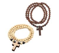 Healifty 2pcs Men’s Wood Beaded Cross Necklace with Hip Hop Pendant, Short Christian Religious Bead Necklace for Daily Wear, Brown and Natural Color Wood Jewelry