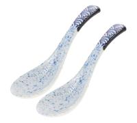 Healifty 2pcs Retro Ceramic Soup Spoons for Dining and Decoration Smooth Polished Porcelain Ramen Utensils with Charming Pattern Multi-Functional Kitchen Tableware for Household Use
