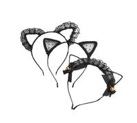 Healifty 3pcs Lace Cat Ear Headbands with Bells and Mesh Lightweight Cosplay Hair Hoops for Women Parties Halloween Masquerades Birthday and Daily Wear Accessories
