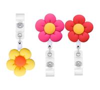 Healifty 3pcs Retractable Badge Holders Flower Shaped Id Tag Reels Nurse Student Office Badge Clips with Red, Rose Red and Yellow Resin Design