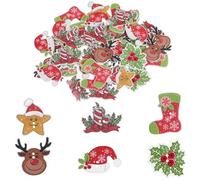 Healifty 50pcs Wooden Christmas Buttons - Reindeer, Holly Berry, Candle, Stocking, Santa Hat Buttons (2 Holes) for DIY Christmas Ornament Craft Making