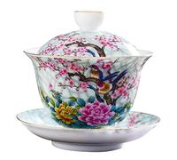 Healifty Ceramic Tea Cup with Lid and Saucer Floral Bird Design Chinese Style Teaware Set for Home Tea Dust Porcelain Suitable for Family Friends