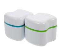 Healifty Denture Storage Box with Rinsing Basket Medical Grade Material Portable False Teeth Case Compact Dental Cleaning Box for Travel and Home 3.15X2.76X2.76 Inches
