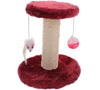 Healifty Double-layer Plush Cat Scratching Post with Two Dangling Balls, Wine Red Sisal Scratching Pole for Kittens, Indoor Vertical Cat Scratcher Tower with Wear-resistant Pillar and Bell