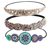 Healifty Elastic Beaded Headbands 3pcs Set Colorful Beads and Rhinestone Circles, Stretchy Fashion Hair Accessories for Women, Vintage Style for Short and Long Hair, Party and Daily Wear