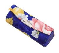 Healifty Embroidered Silk Lipstick Pouch with Built Mirror Compact Floral Lip Gloss Case Portable Cosmetic Organizer Bag for Travel Purse Handbag Blue