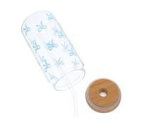 Healifty Glass Drinking Cup Maintains Original Taste Large Capacity with Wood Lid and Glass Straw, Cute Bow Shape, Easy to Clean for Office and Commuting Use