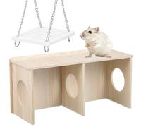 Healifty Large Wooden Hamster Hideout with Spacious Multi-chamber Design and Anti-skid Swing Safe Natural Wood Habitat for Small Pets like Rats Squirrels Chinchillas and Gerbils