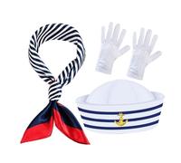 Healifty Nautical Captain Hat and Scarf Set Blue and White Striped Sailor Costume Accessories for Men and Women for Cosplay Themed Parties and Halloween Celebrations