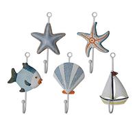 Healifty Ornaments Hooks 5pcs Wall Hook Metal Towel Hooks Shell Sail Boat Tropical Fish Hangers Nautical Wall Decor Ornaments for Bathroom Kitchen Door Beach Shower Curtain Hooks